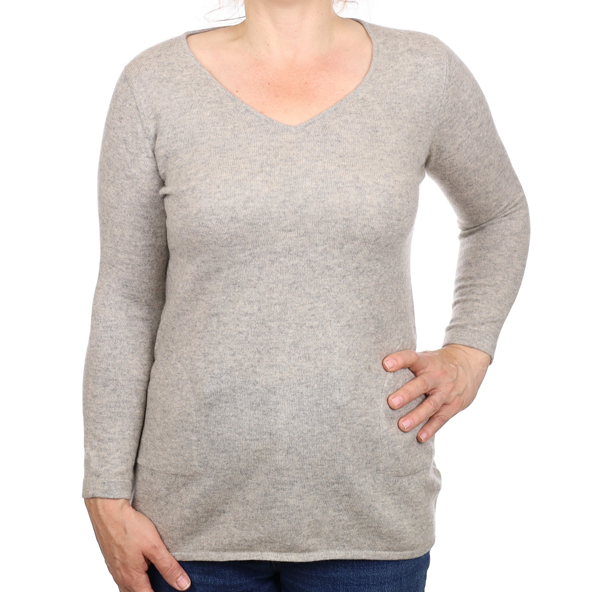 Smoke Grey Cashmere V Neck Jumper with Pockets Medium