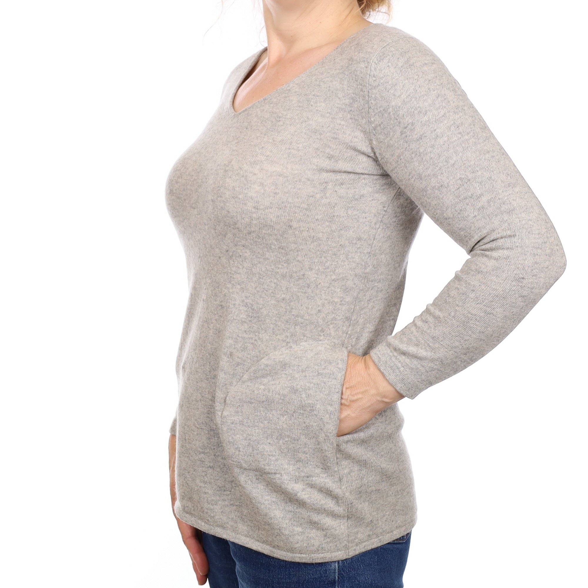 Smoke Grey Cashmere V Neck Jumper with Pockets Medium