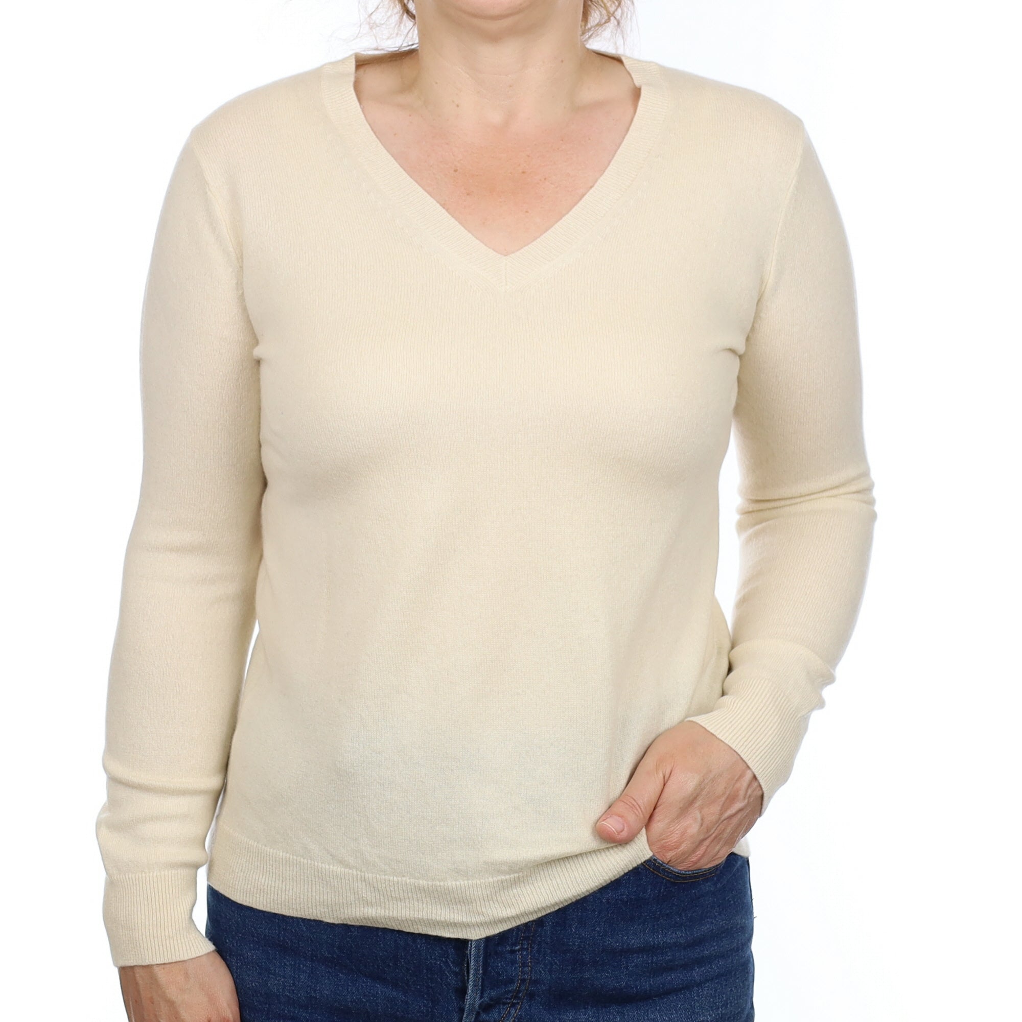 Vanilla Cream Cashmere V Neck Jumper Medium