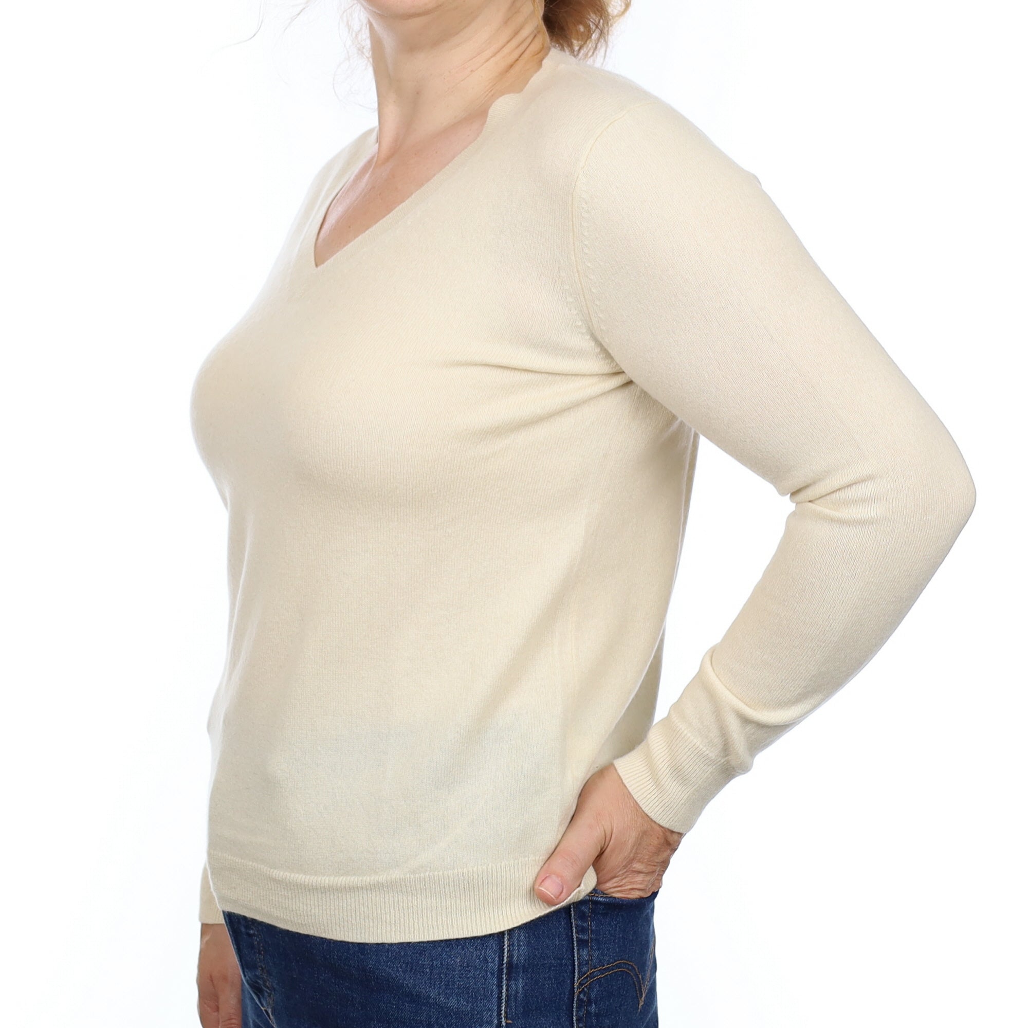 Vanilla Cream Cashmere V Neck Jumper Medium