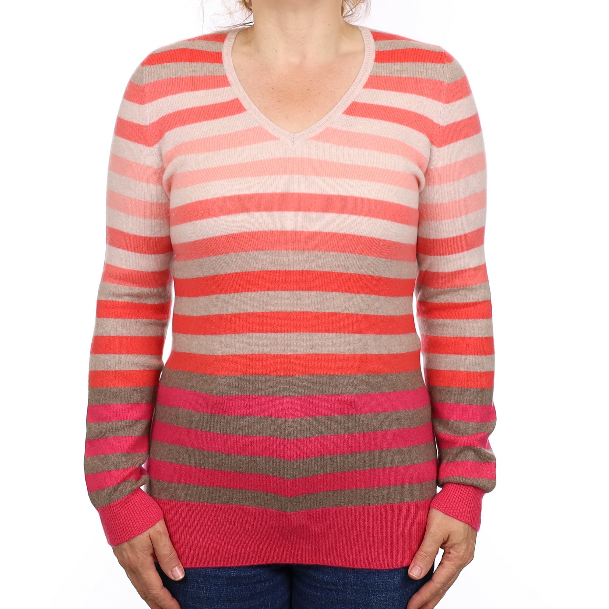 Pink and Mocha Stripe Cashmere V Neck Jumper Medium