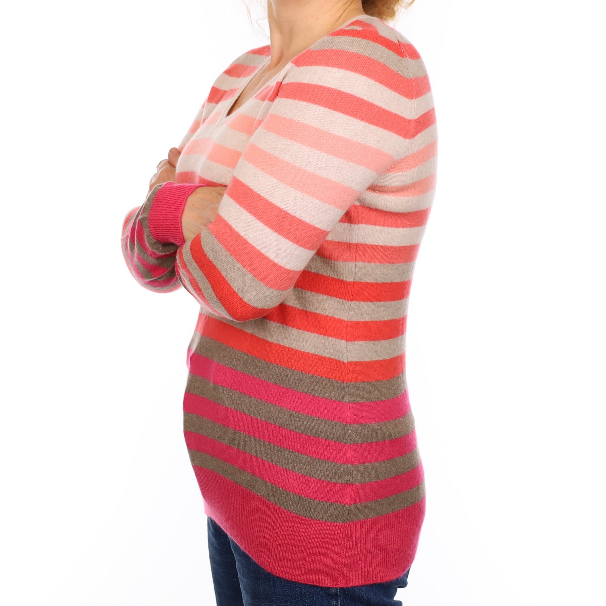 Pink and Mocha Stripe Cashmere V Neck Jumper Medium