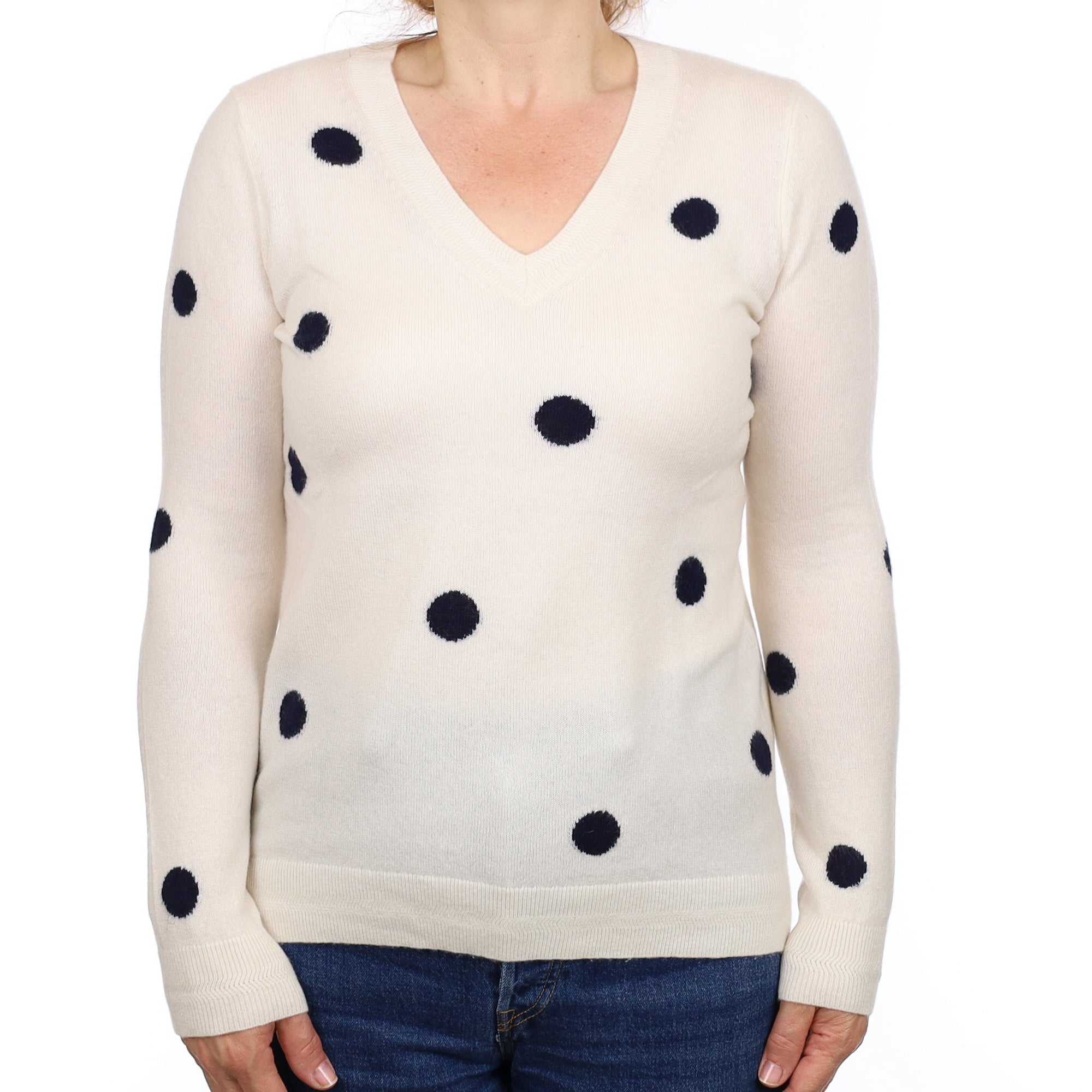 Ivory Navy Spotted Cashmere V Neck Jumper Medium