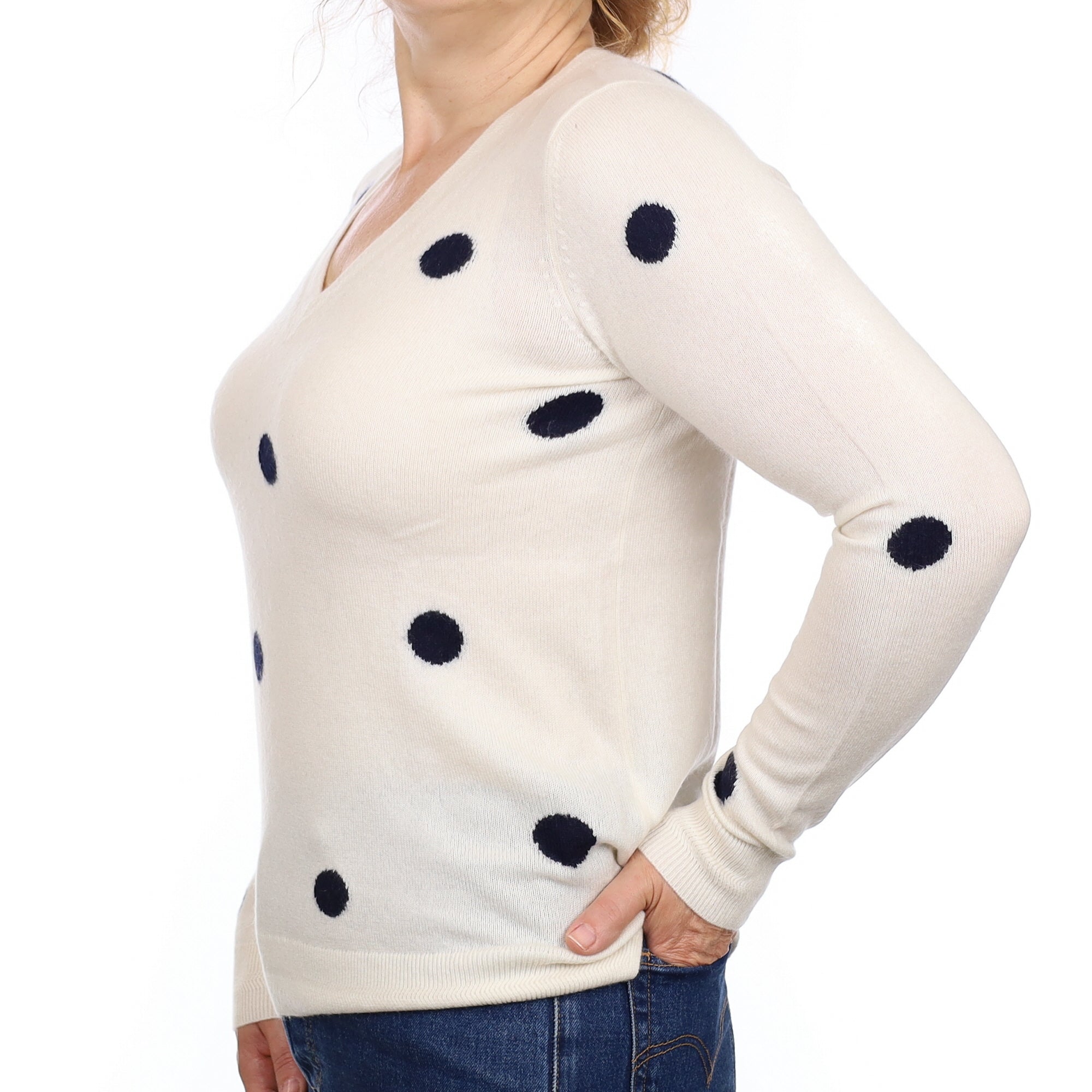 Ivory Navy Spotted Cashmere V Neck Jumper Medium