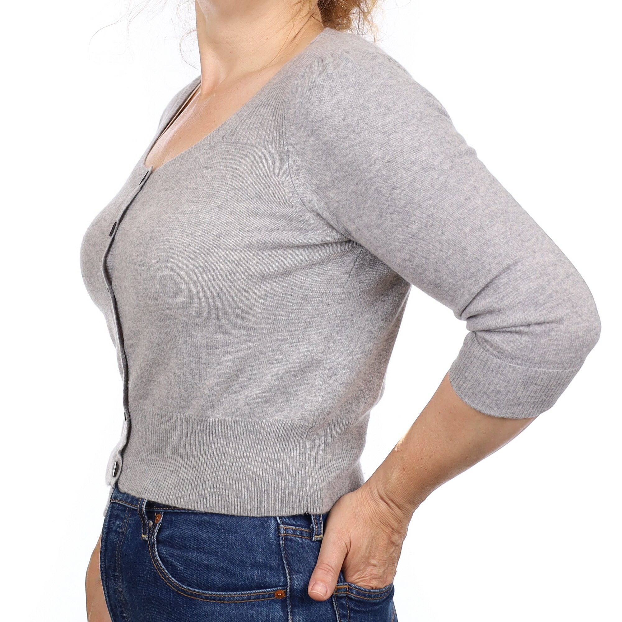 Smoke Grey Cashmere 3/4 Sleeve Scoop Neck Cardigan Medium