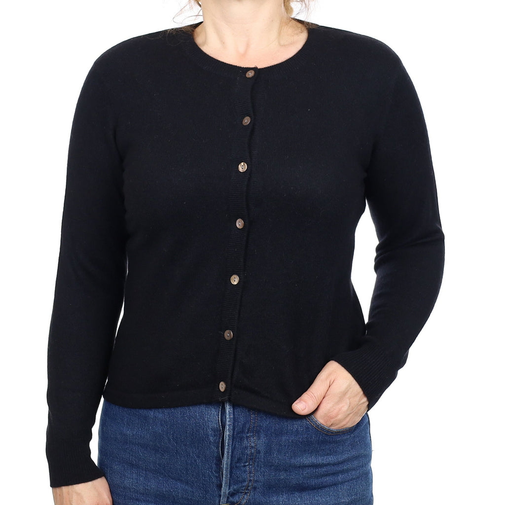 Black Cashmere Crew Neck Cardigan Medium