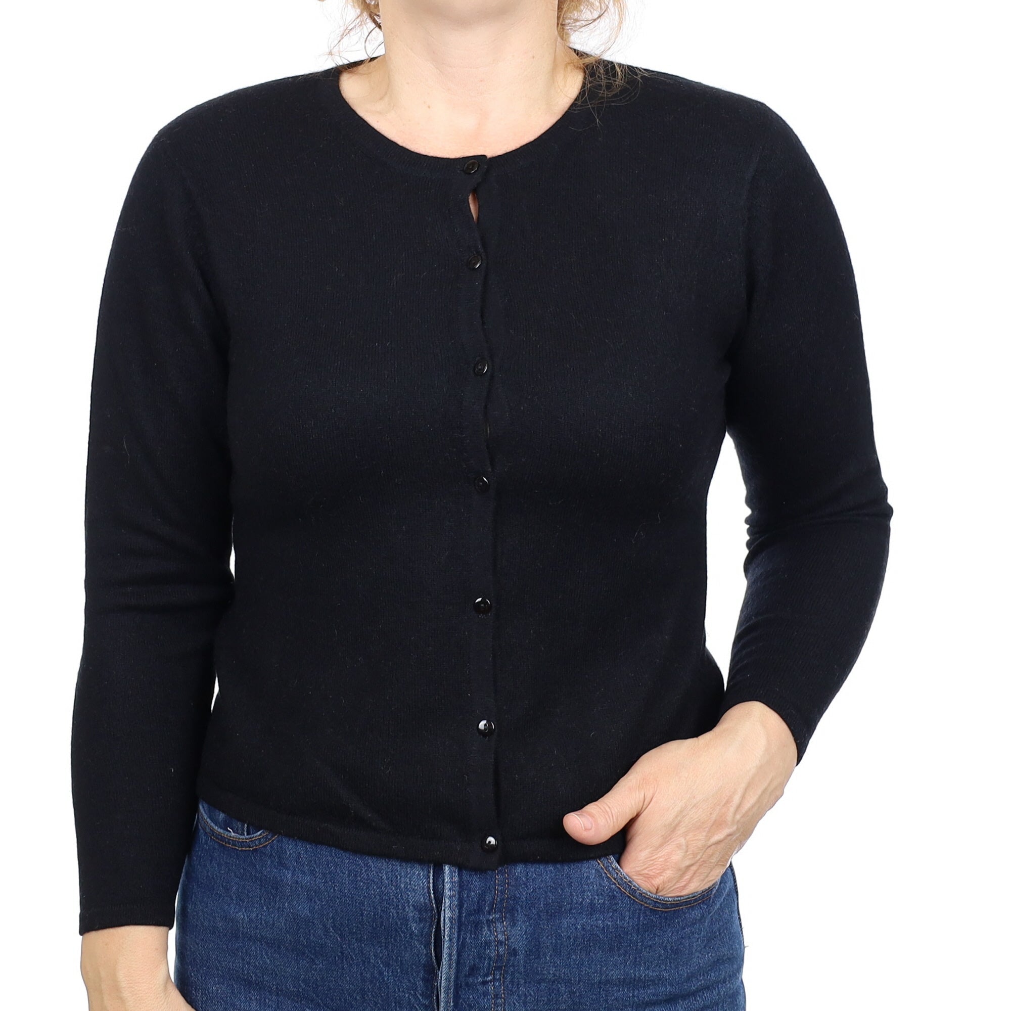 Black Cashmere Crew Neck Cardigan Medium