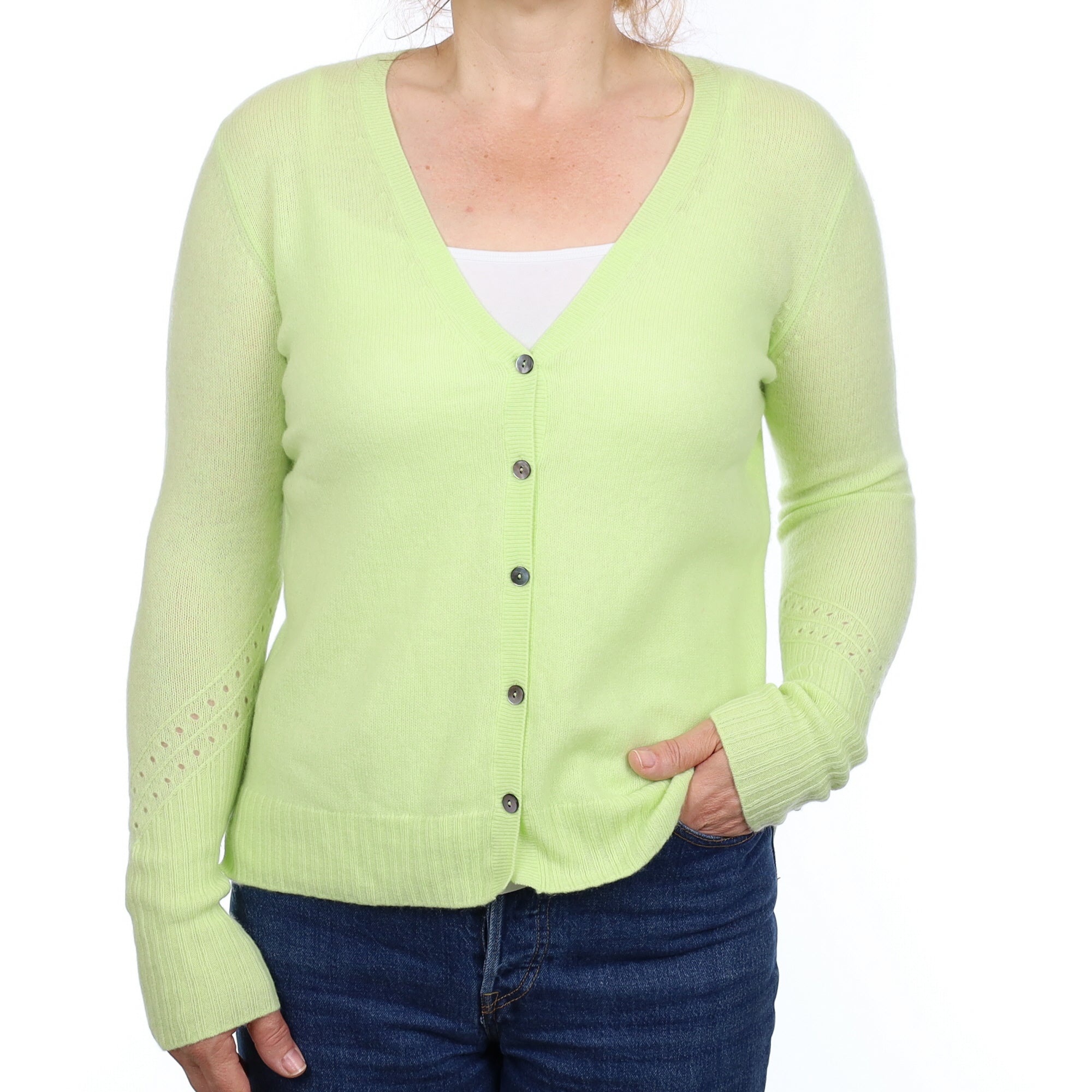 Acid Green Cashmere V Neck Cardigan Medium