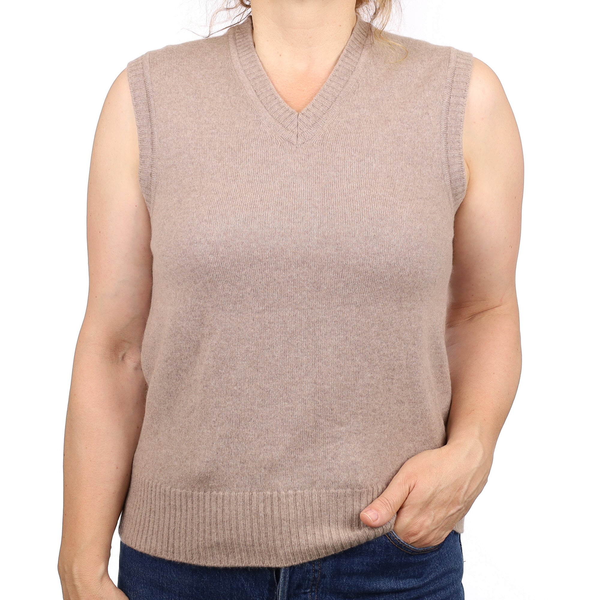 Mink Brown Cashmere V Neck Tank Top  Medium