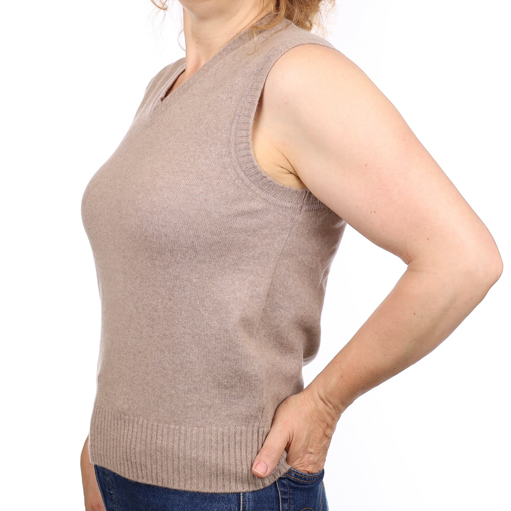 Mink Brown Cashmere V Neck Tank Top  Medium