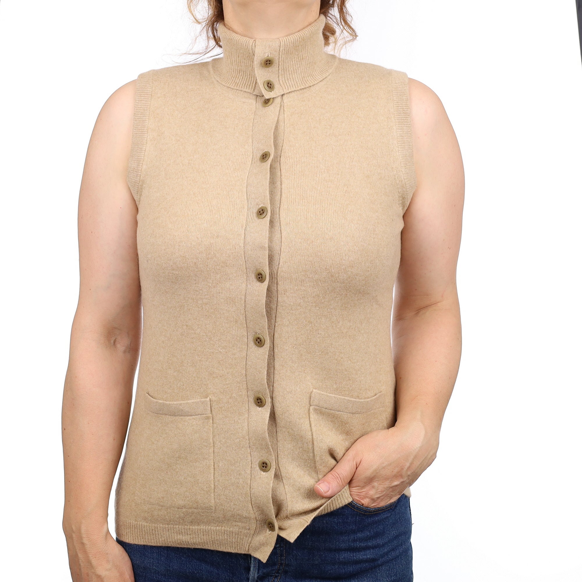 Beige Cashmere Collared/Polo Neck Waistcoat with Pockets Medium