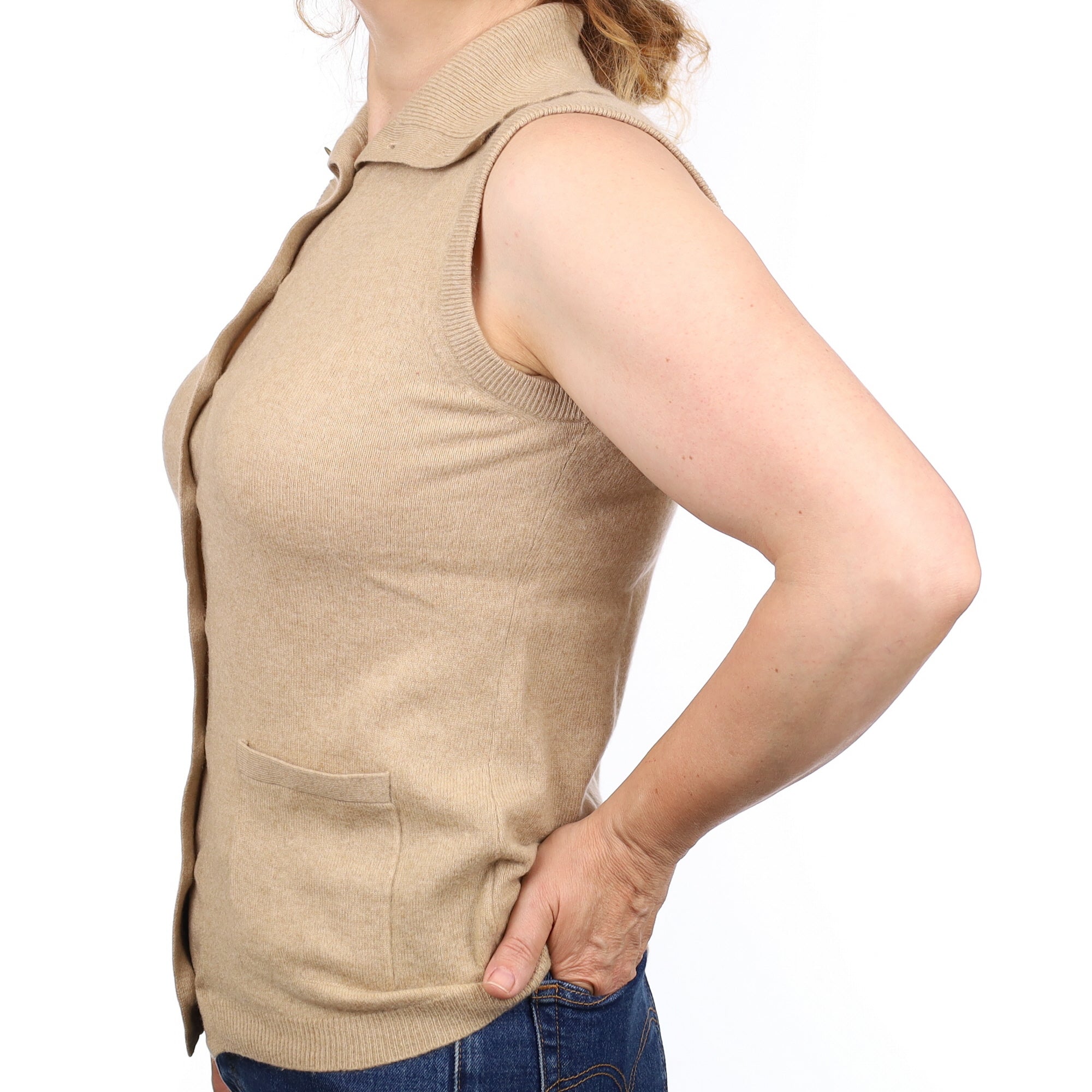 Beige Cashmere Collared/Polo Neck Waistcoat with Pockets Medium