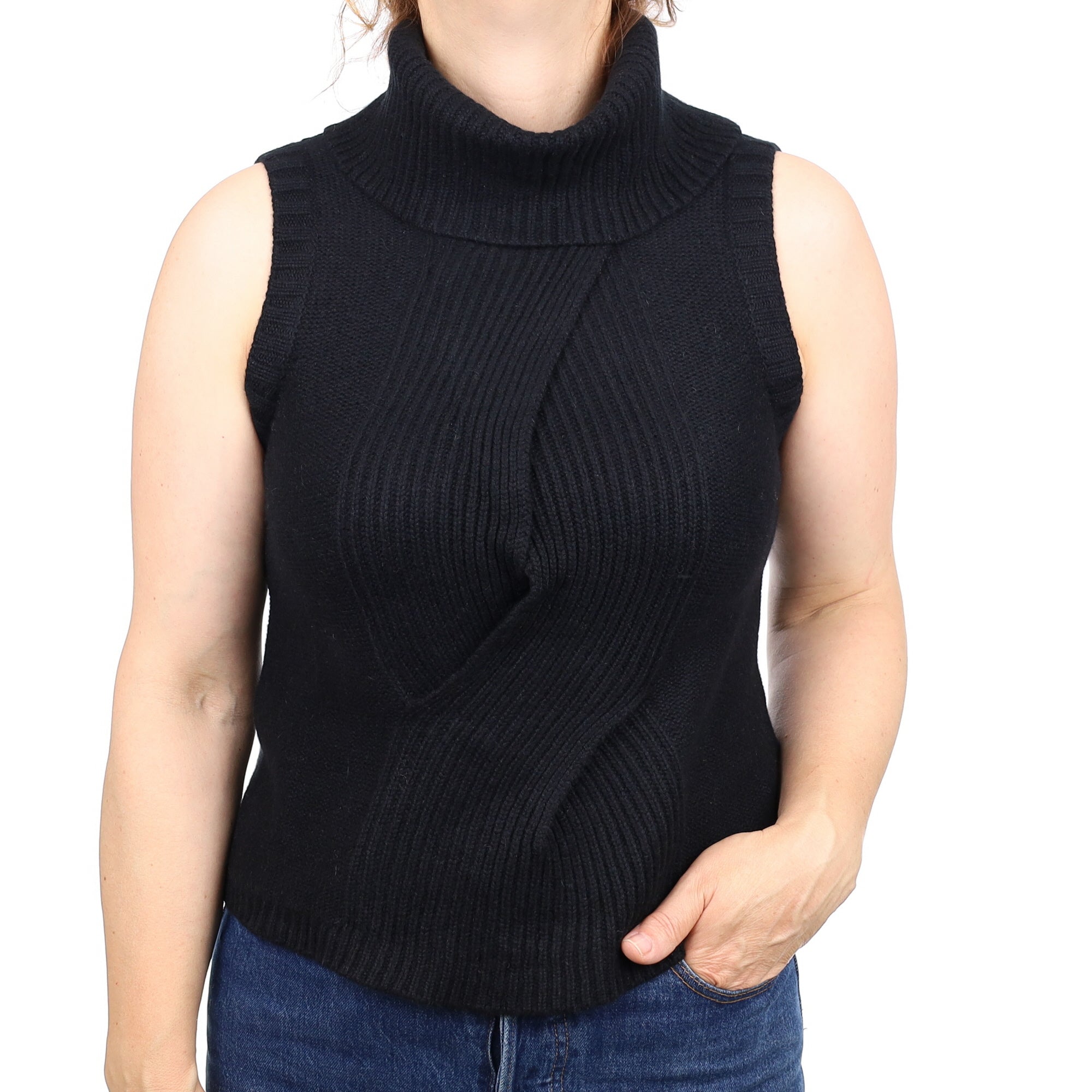 Black Chunky Cashmere Sleeveless Polo Neck Jumper Medium
