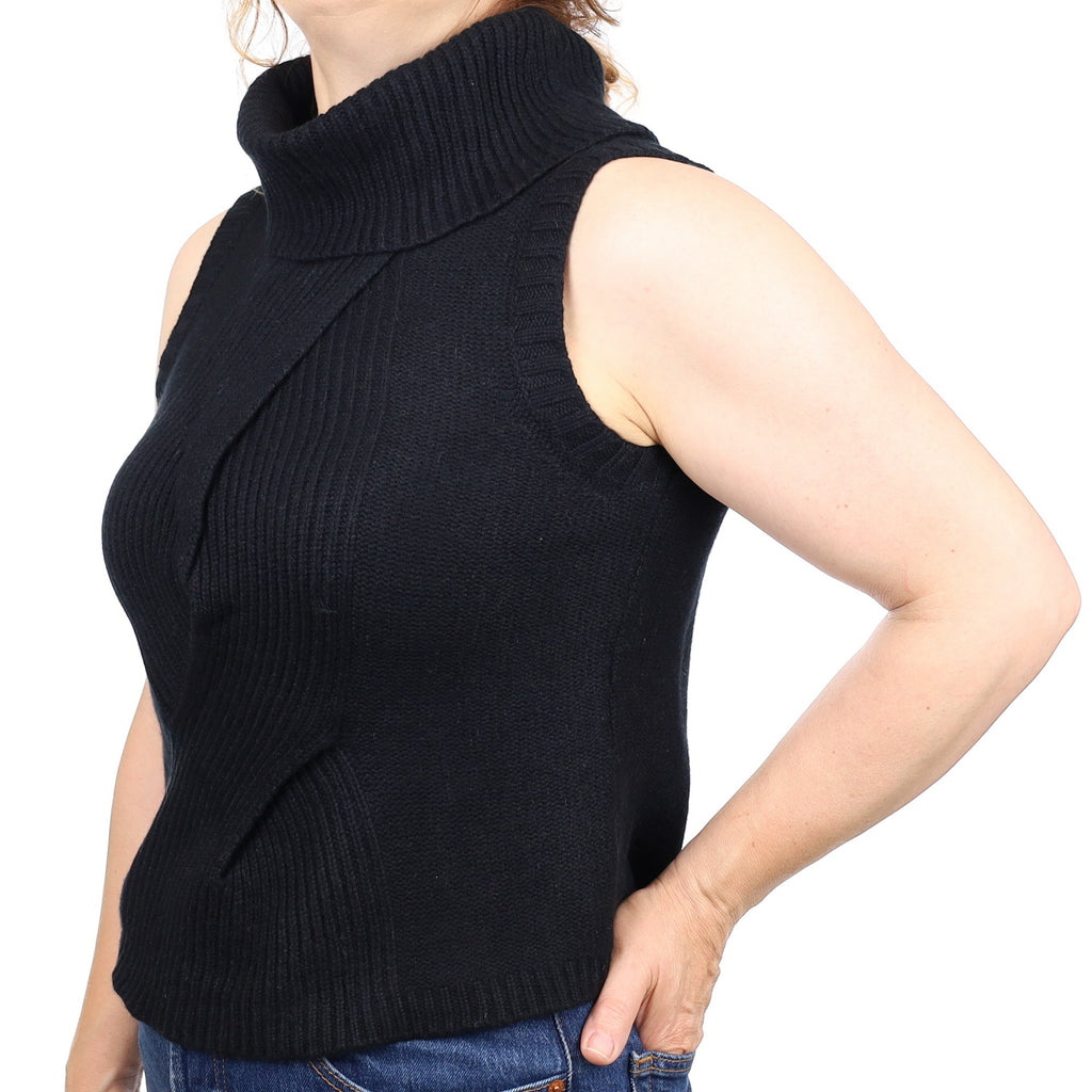 Black Chunky Cashmere Sleeveless Polo Neck Jumper Medium