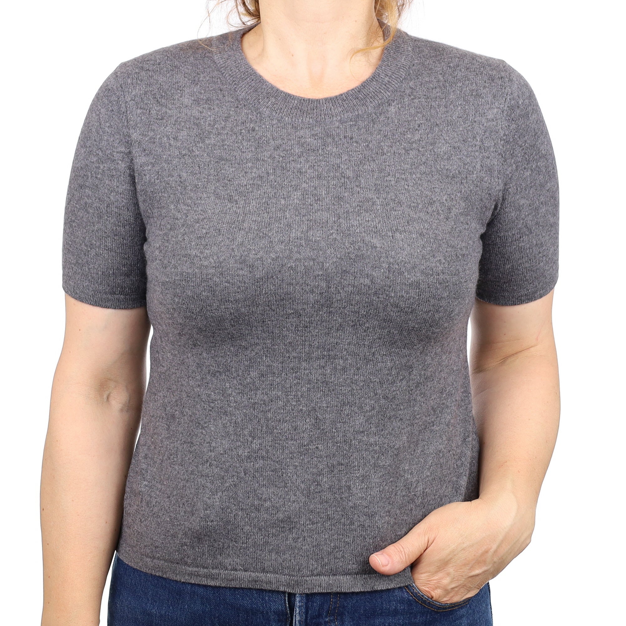 Slate Grey Cashmere Short Sleeve Crew Neck Jumper Medium