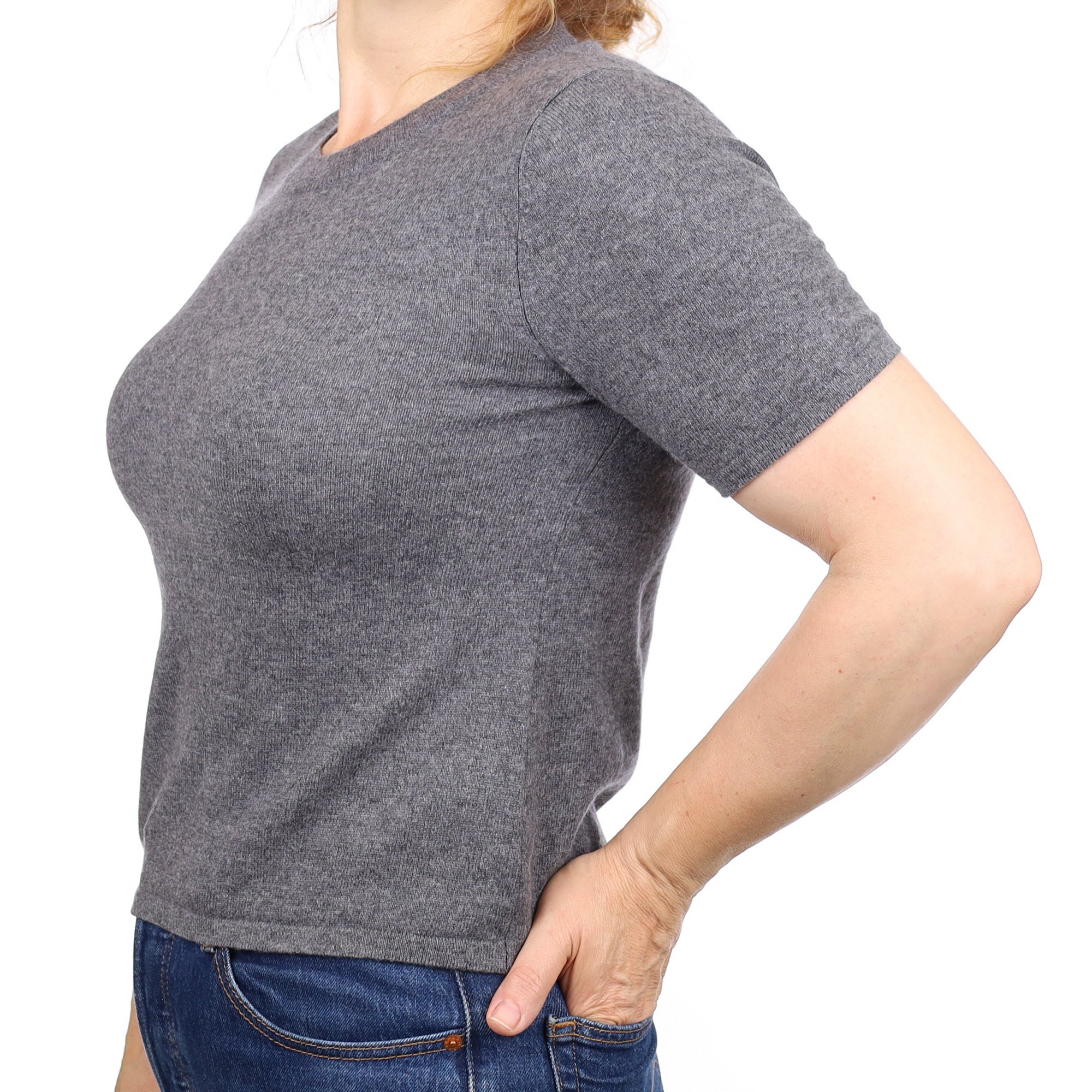 Slate Grey Cashmere Short Sleeve Crew Neck Jumper Medium