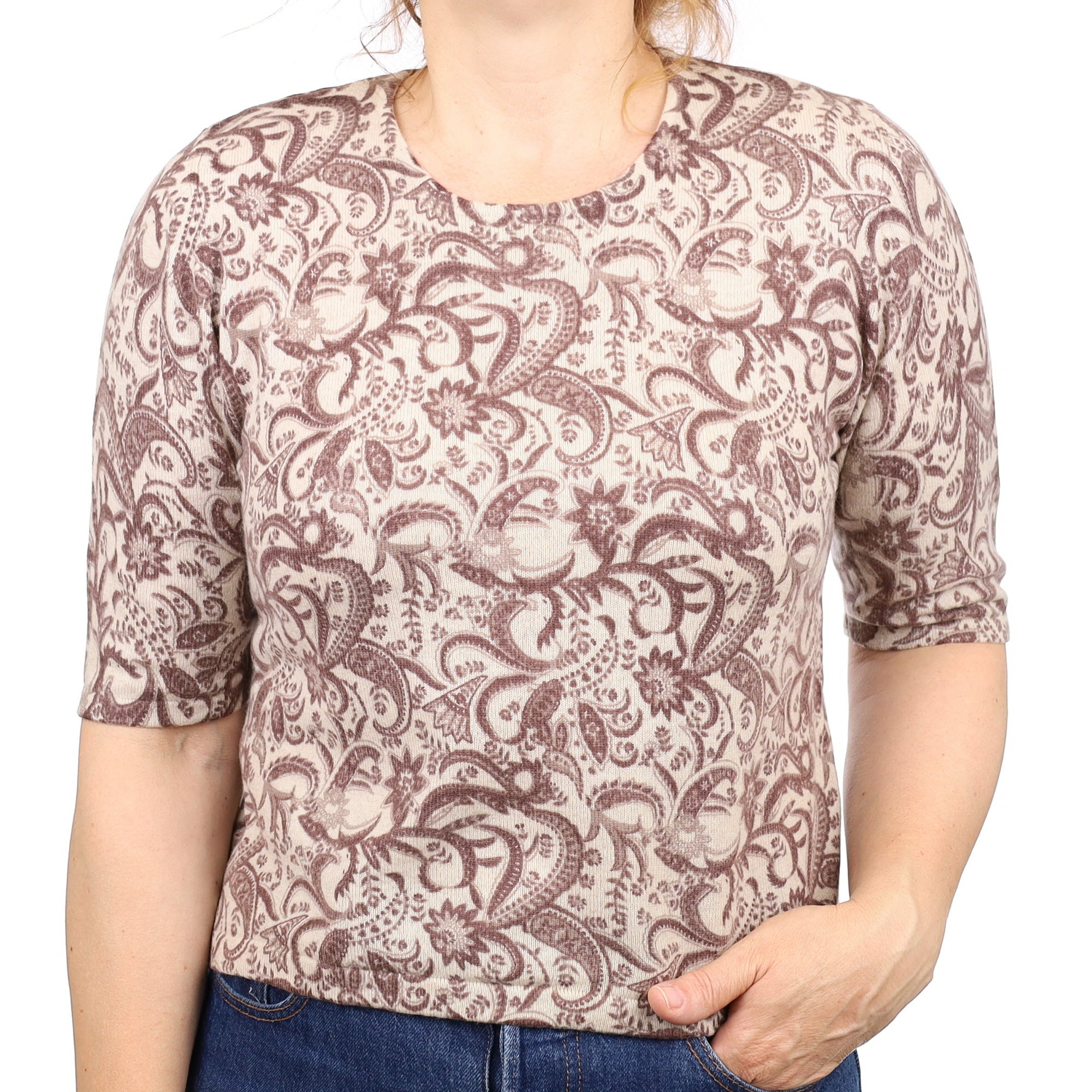 Mocha Paisley Cashmere Short Sleeve Crew Neck Jumper Medium