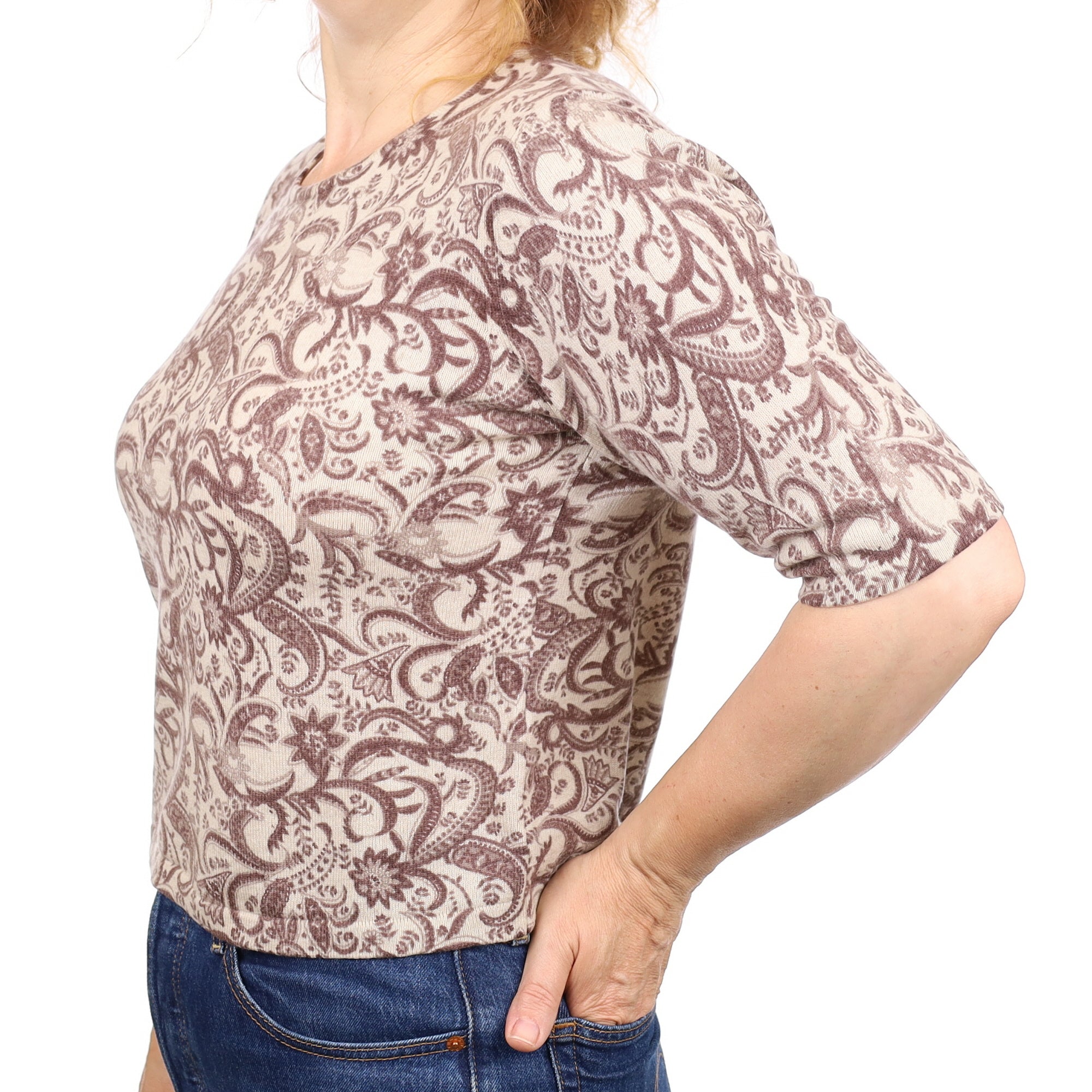 Mocha Paisley Cashmere Short Sleeve Crew Neck Jumper Medium