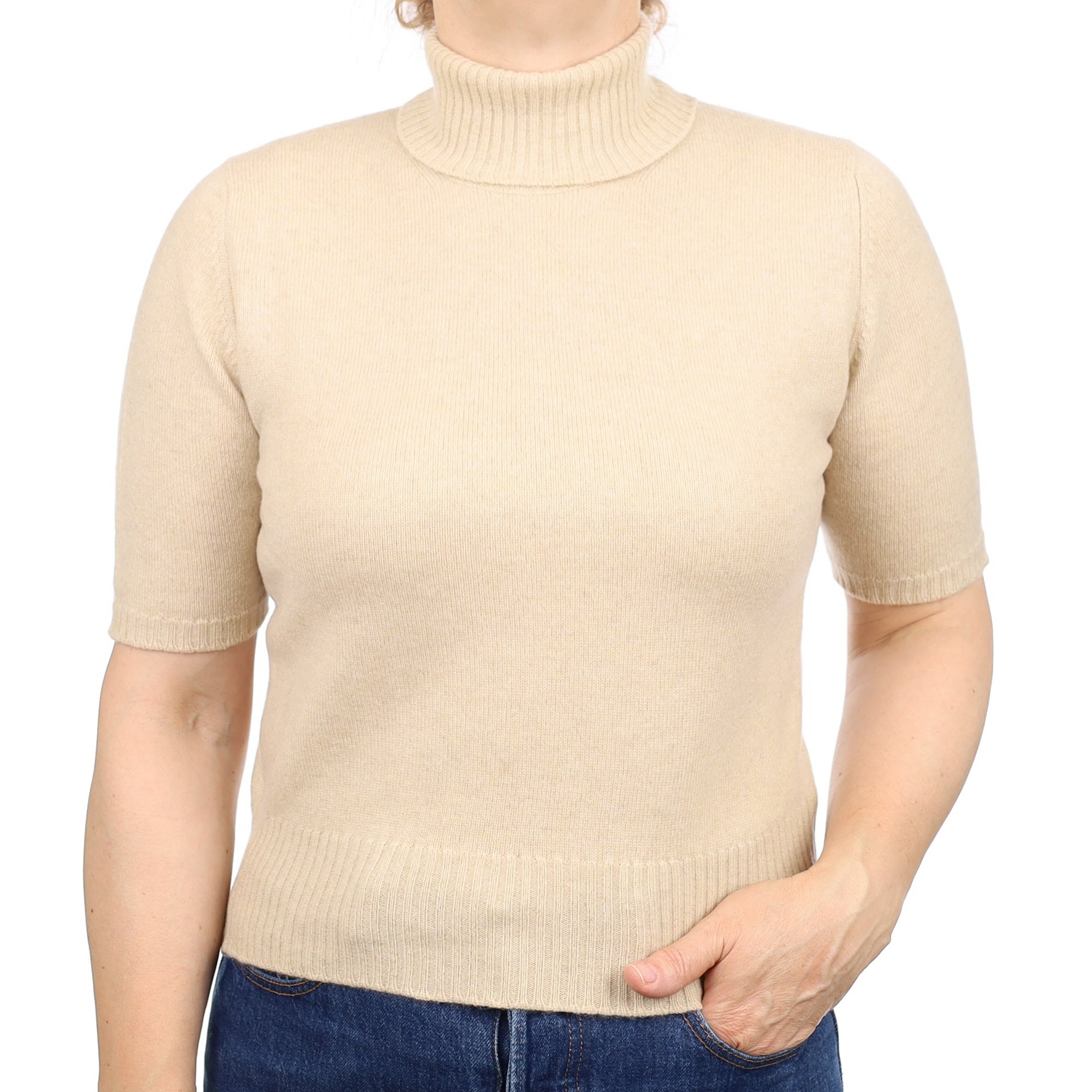 Biscuit Beige Cashmere Short Sleeve Polo Neck Jumper Medium