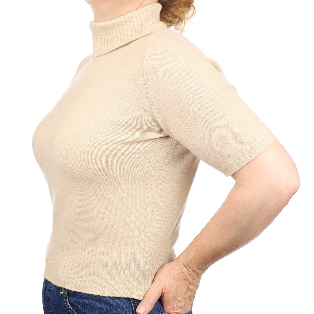 Biscuit Beige Cashmere Short Sleeve Polo Neck Jumper Medium