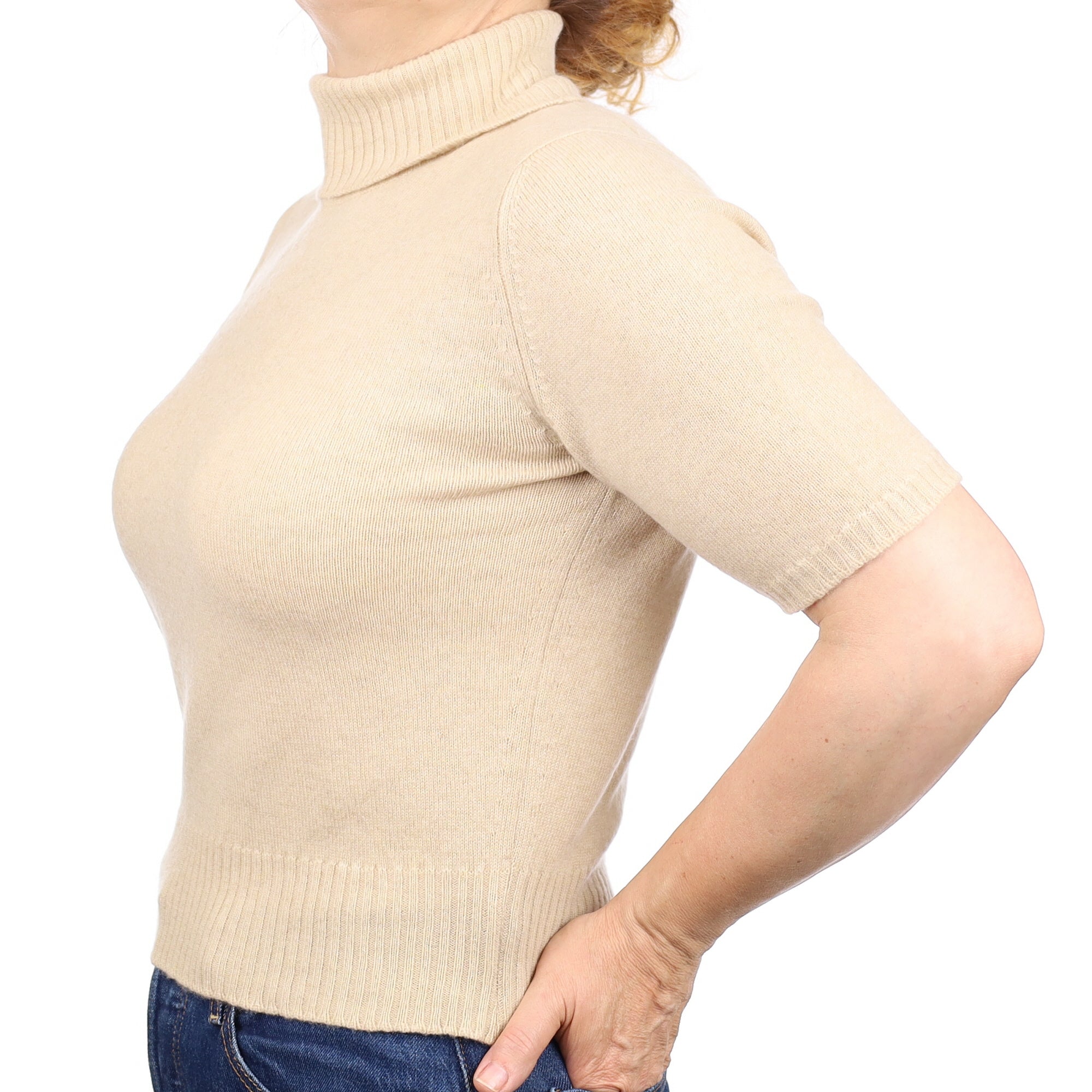 Biscuit Beige Cashmere Short Sleeve Polo Neck Jumper Medium