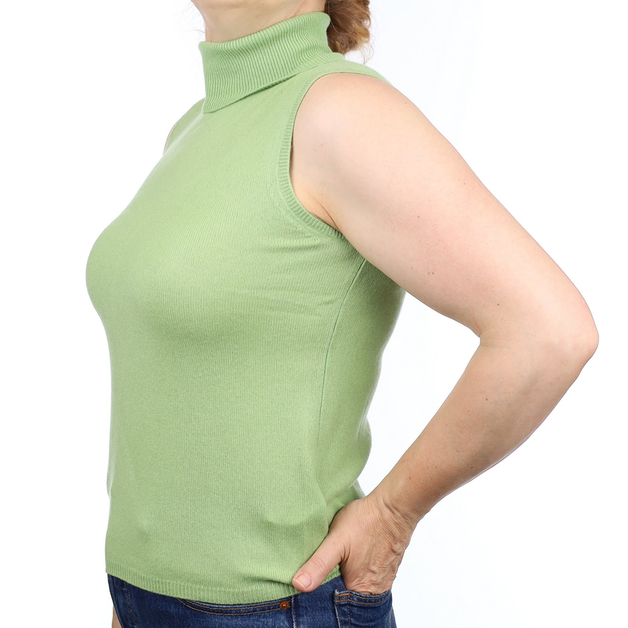 Pear Green Cashmere Sleeveless Polo Neck Jumper Medium