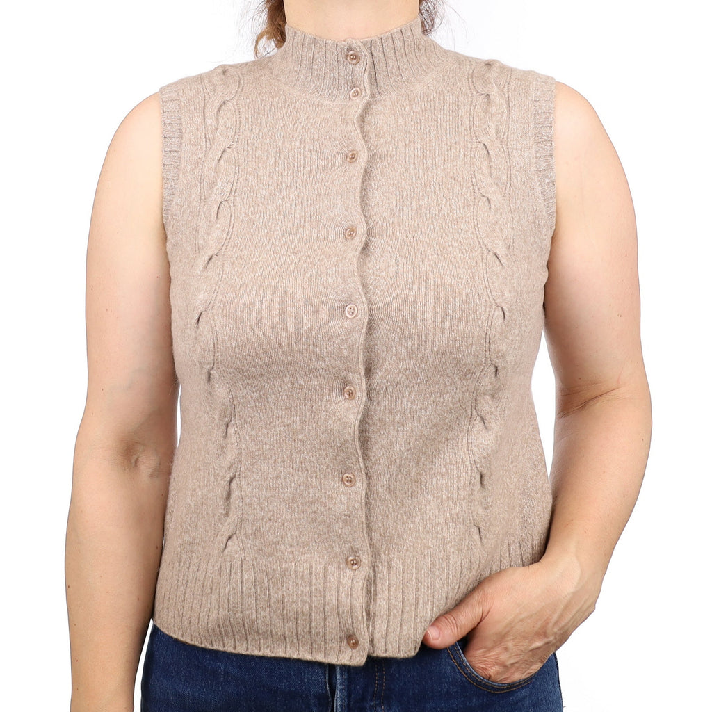 Fawn Marl Cable Detail Cashmere Turtleneck Waistcoat Medium