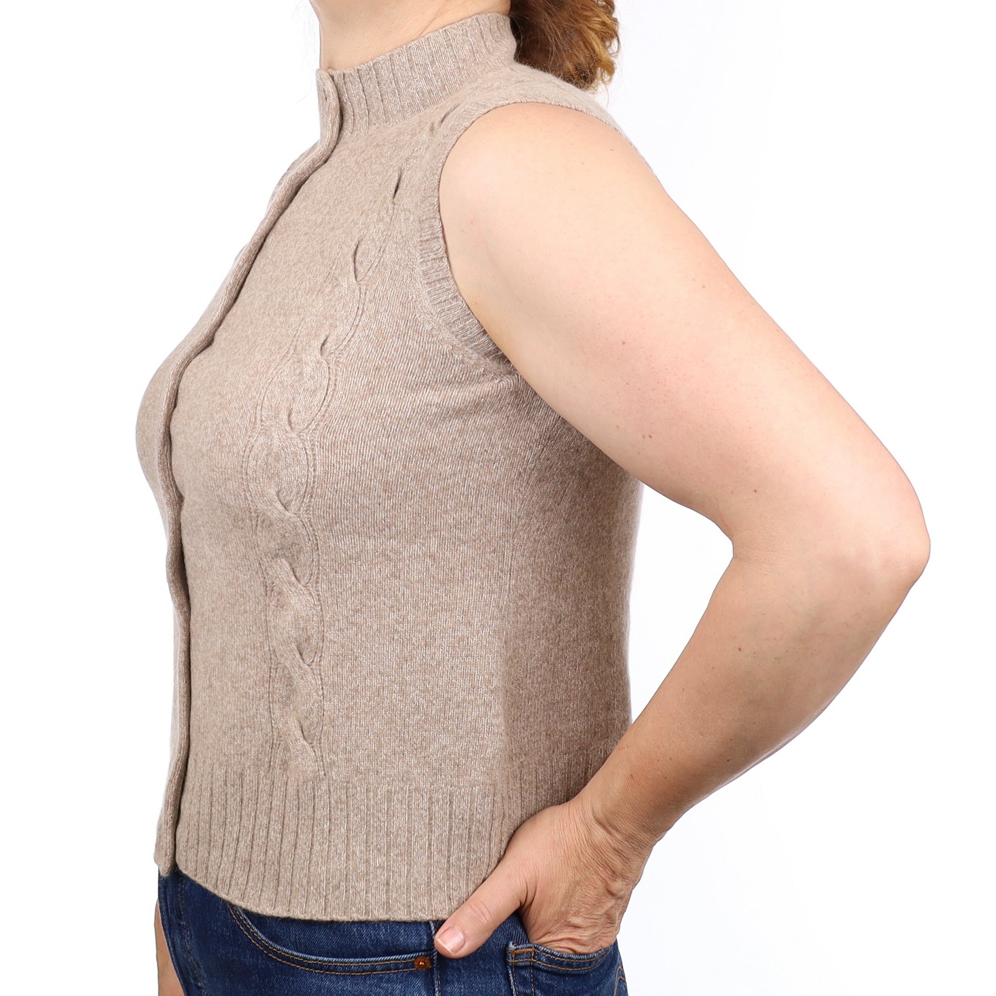 Fawn Marl Cable Detail Cashmere Turtleneck Waistcoat Medium