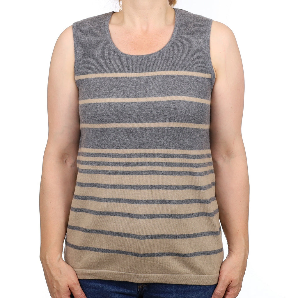 Grey and Camel Stripe Cashmere Sleeveless Scoop Neck Tunic Medium