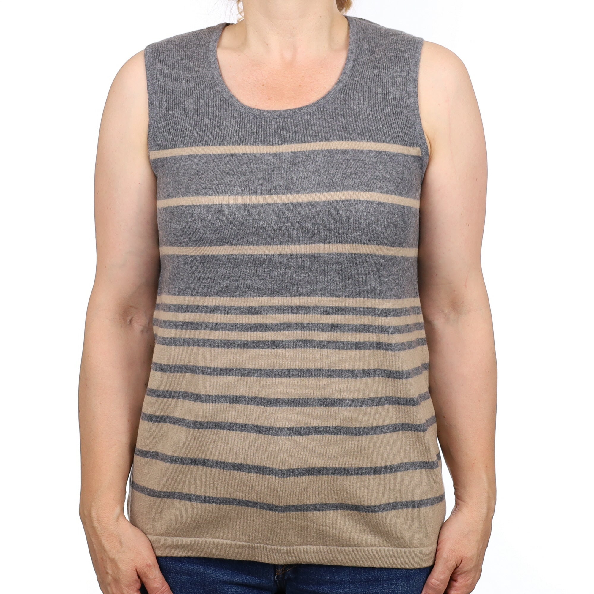 Grey and Camel Stripe Cashmere Sleeveless Scoop Neck Tunic Medium