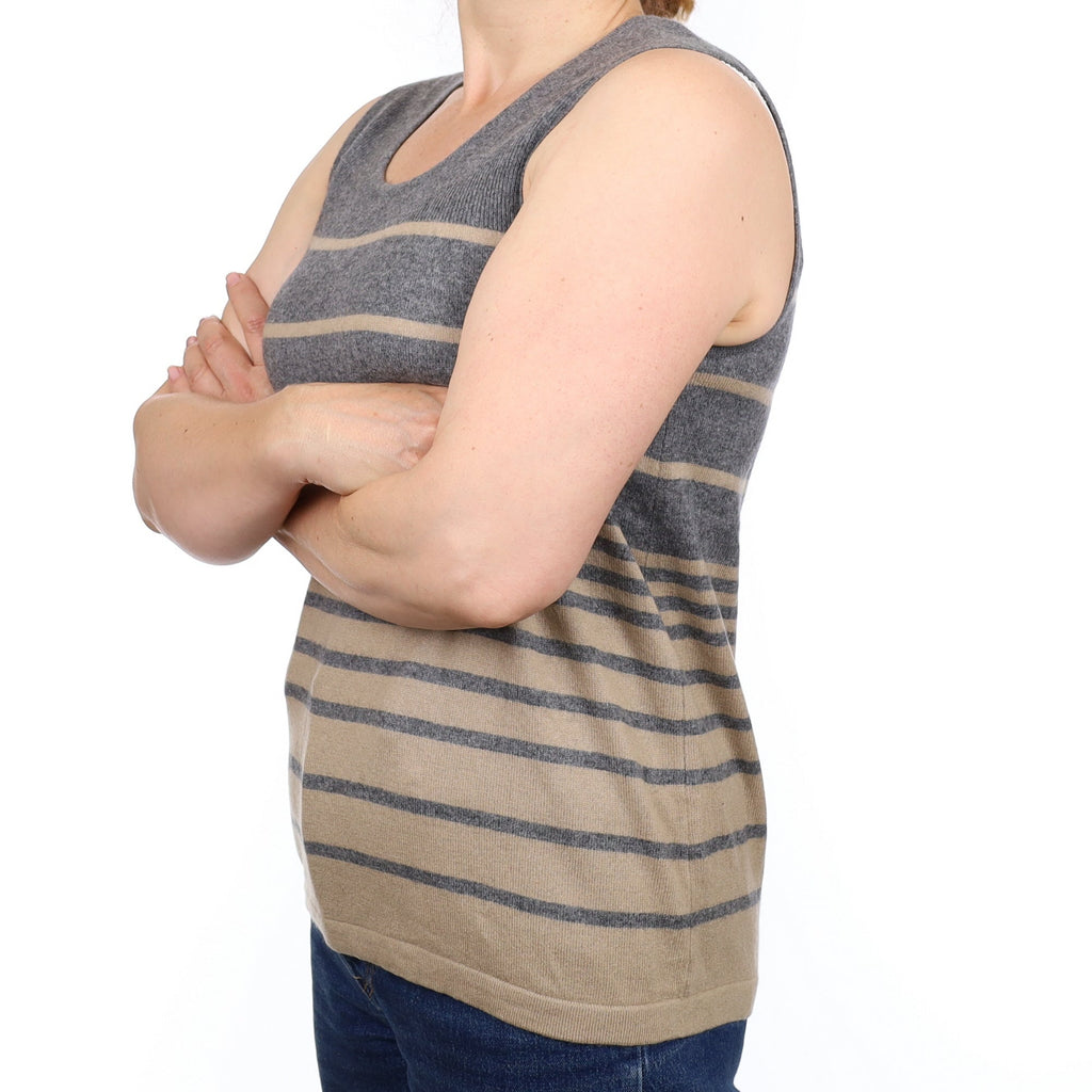 Grey and Camel Stripe Cashmere Sleeveless Scoop Neck Tunic Medium