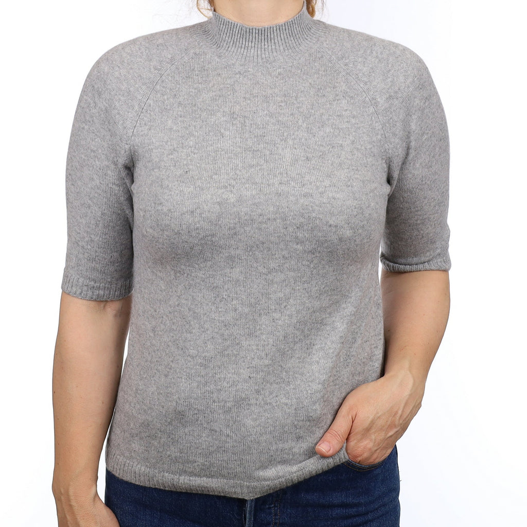 Smoke Grey Cashmere Short Sleeve Turtleneck Jumper Medium