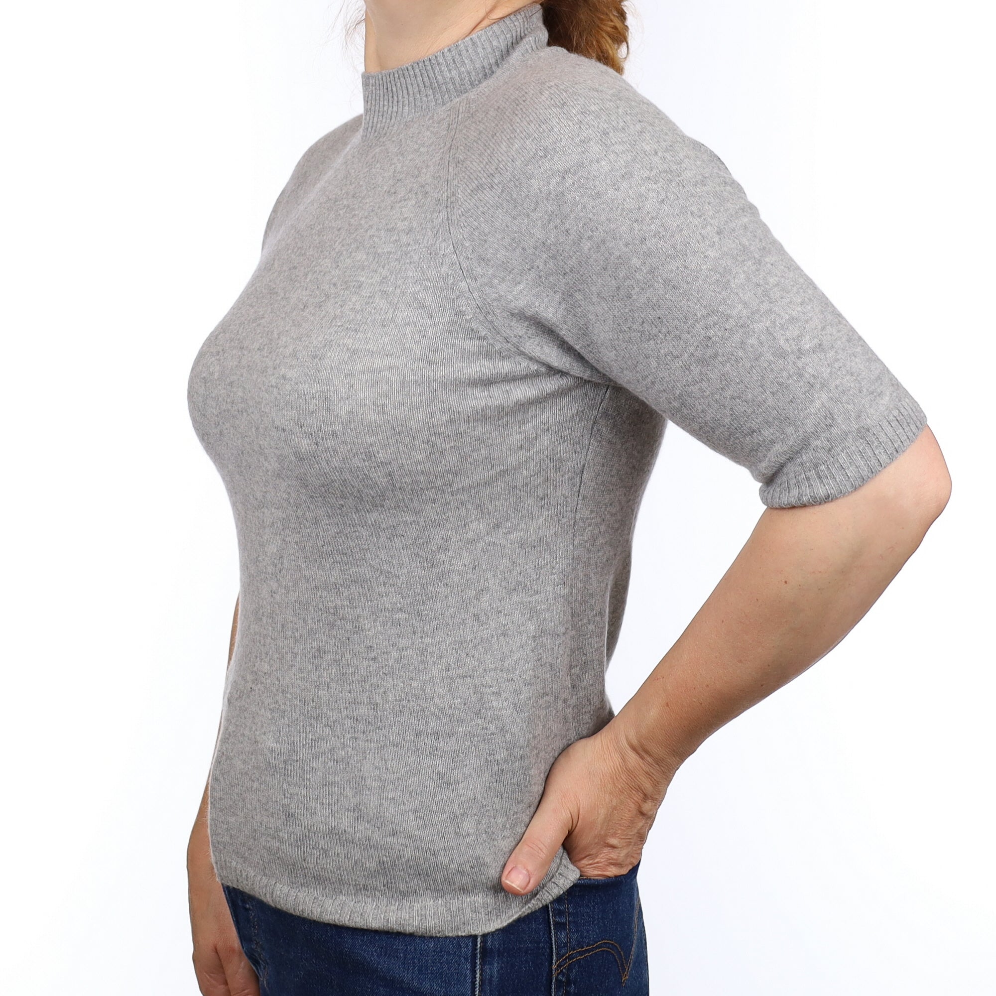 Smoke Grey Cashmere Short Sleeve Turtleneck Jumper Medium