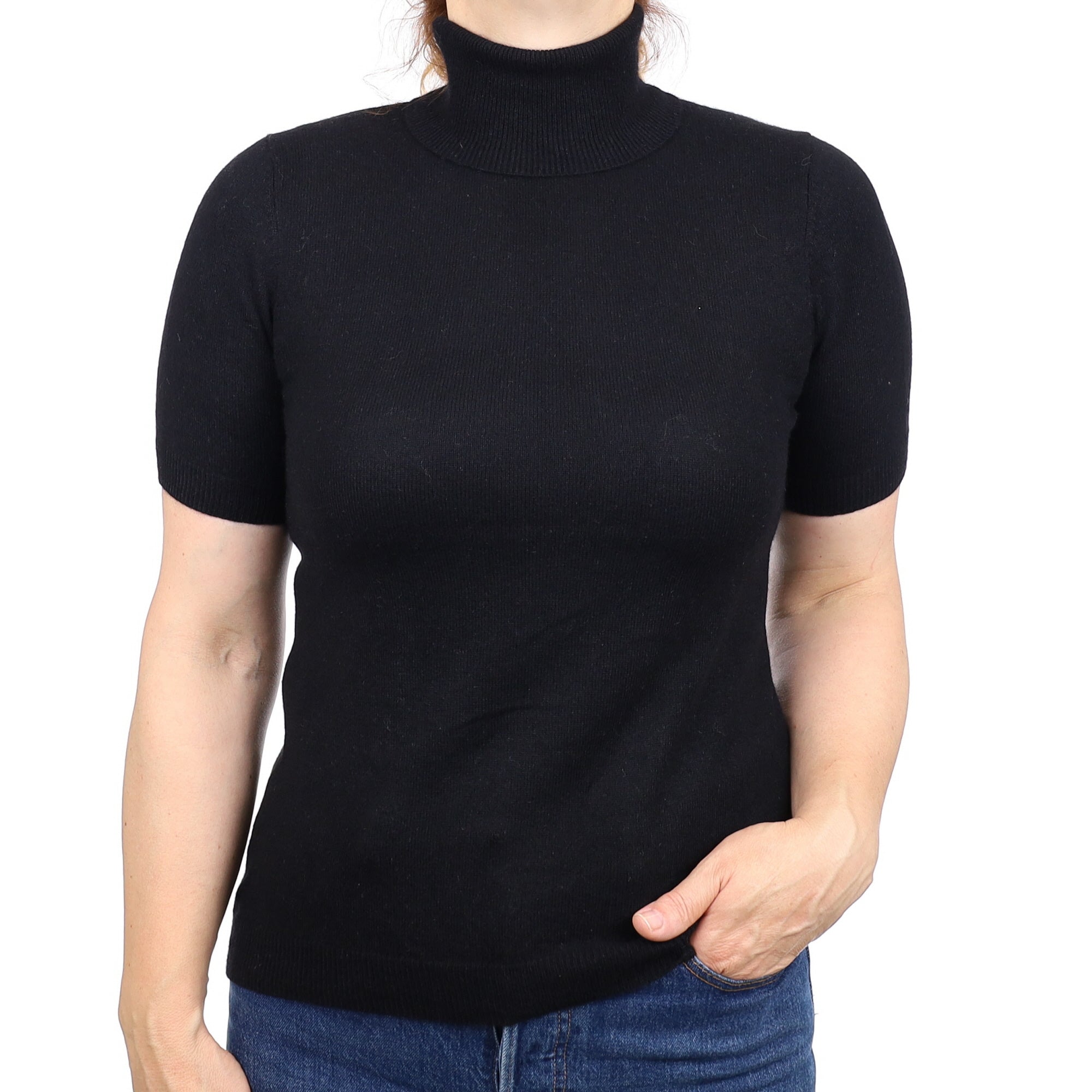 Black Cashmere Short Sleeve Polo Neck Jumper Medium