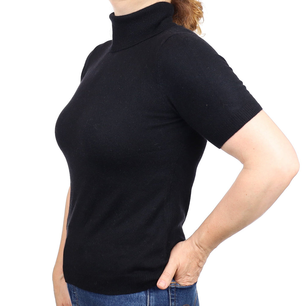 Black Cashmere Short Sleeve Polo Neck Jumper Medium
