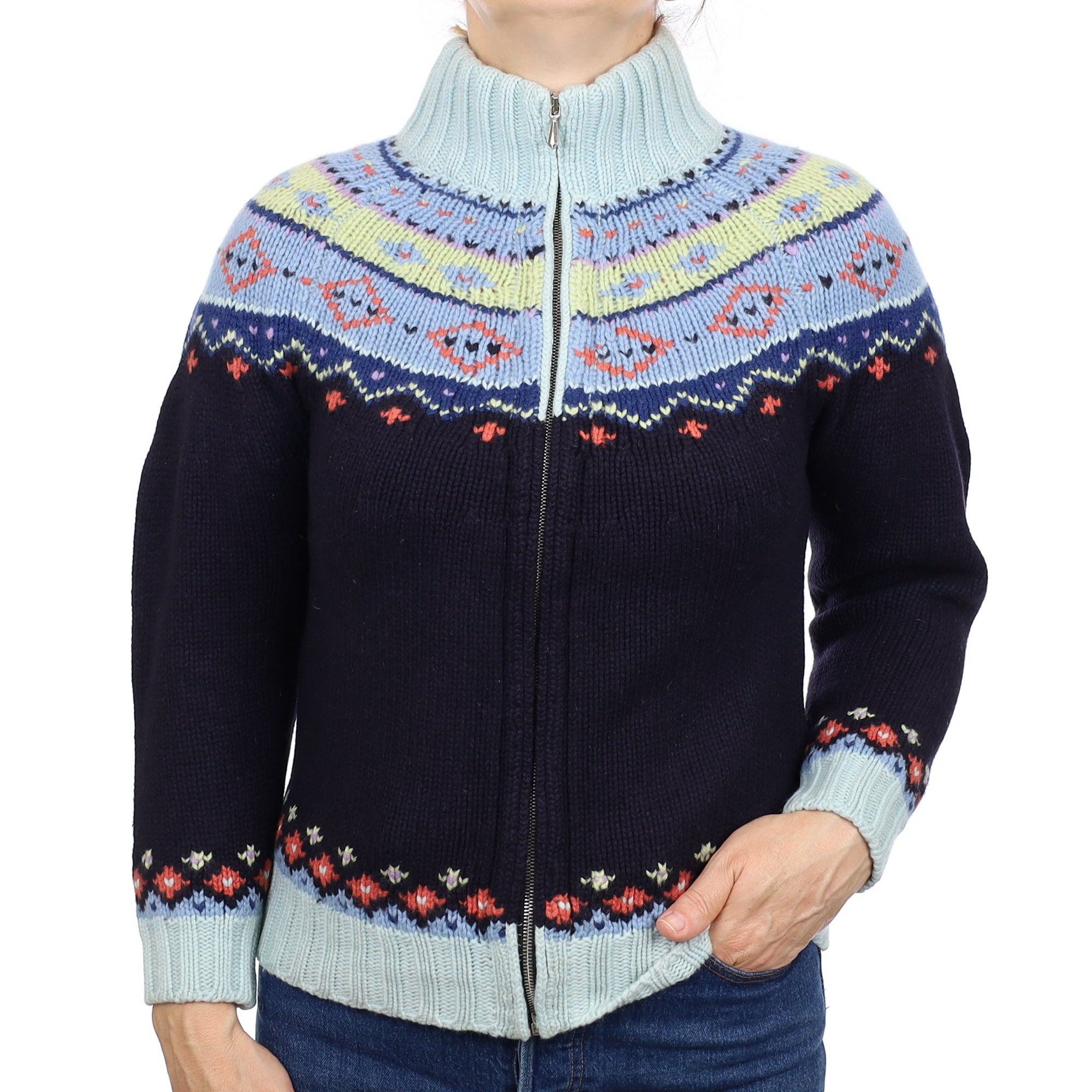 Malo Fair Isle Chunky Knit Cashmere Zip Up Cardigan Medium