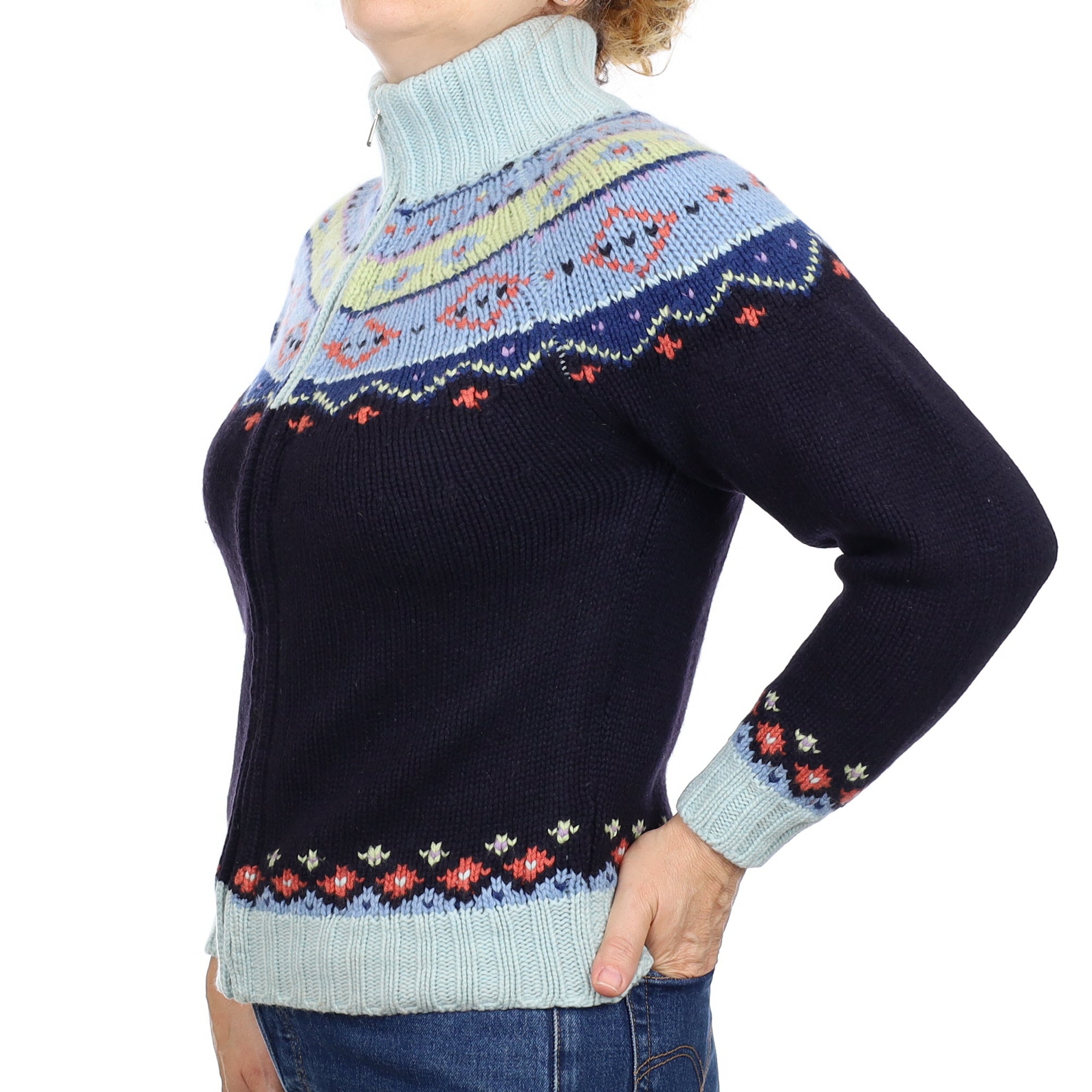 Malo Fair Isle Chunky Knit Cashmere Zip Up Cardigan Medium
