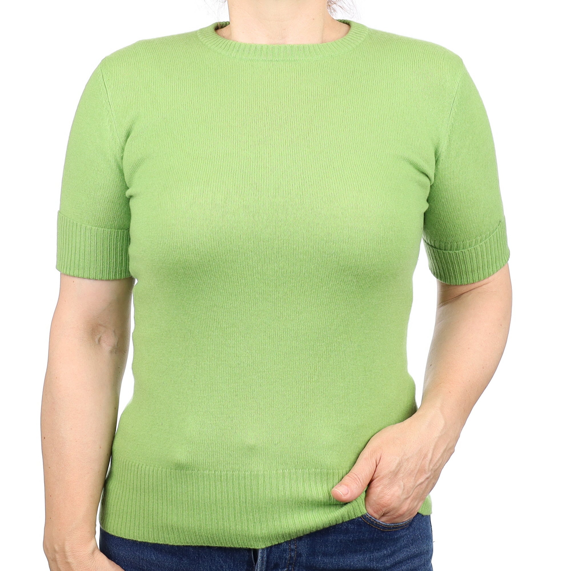 Pear Green Cashmere Short Sleeved Crew Neck Jumper Medium