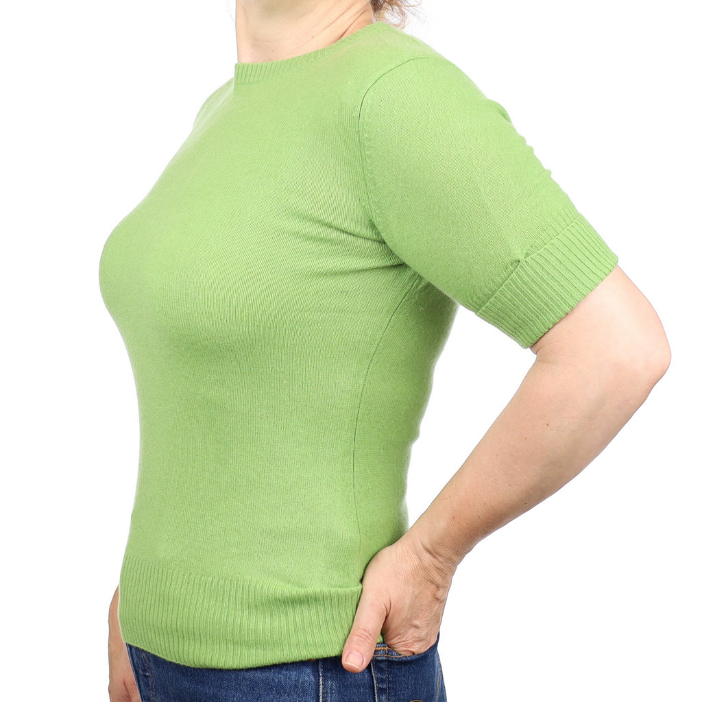 Pear Green Cashmere Short Sleeved Crew Neck Jumper Medium