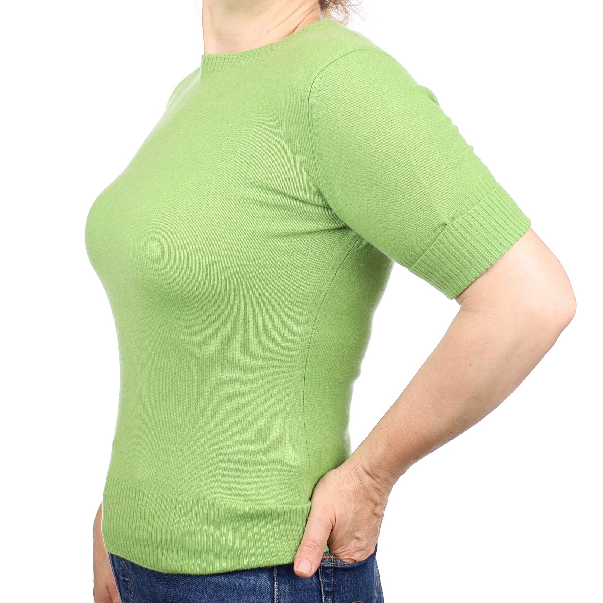Pear Green Cashmere Short Sleeved Crew Neck Jumper Medium