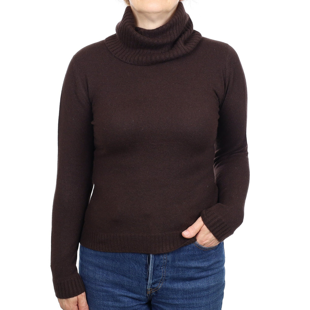 Dark Chocolate Brown Cashmere Polo Neck Jumper Medium
