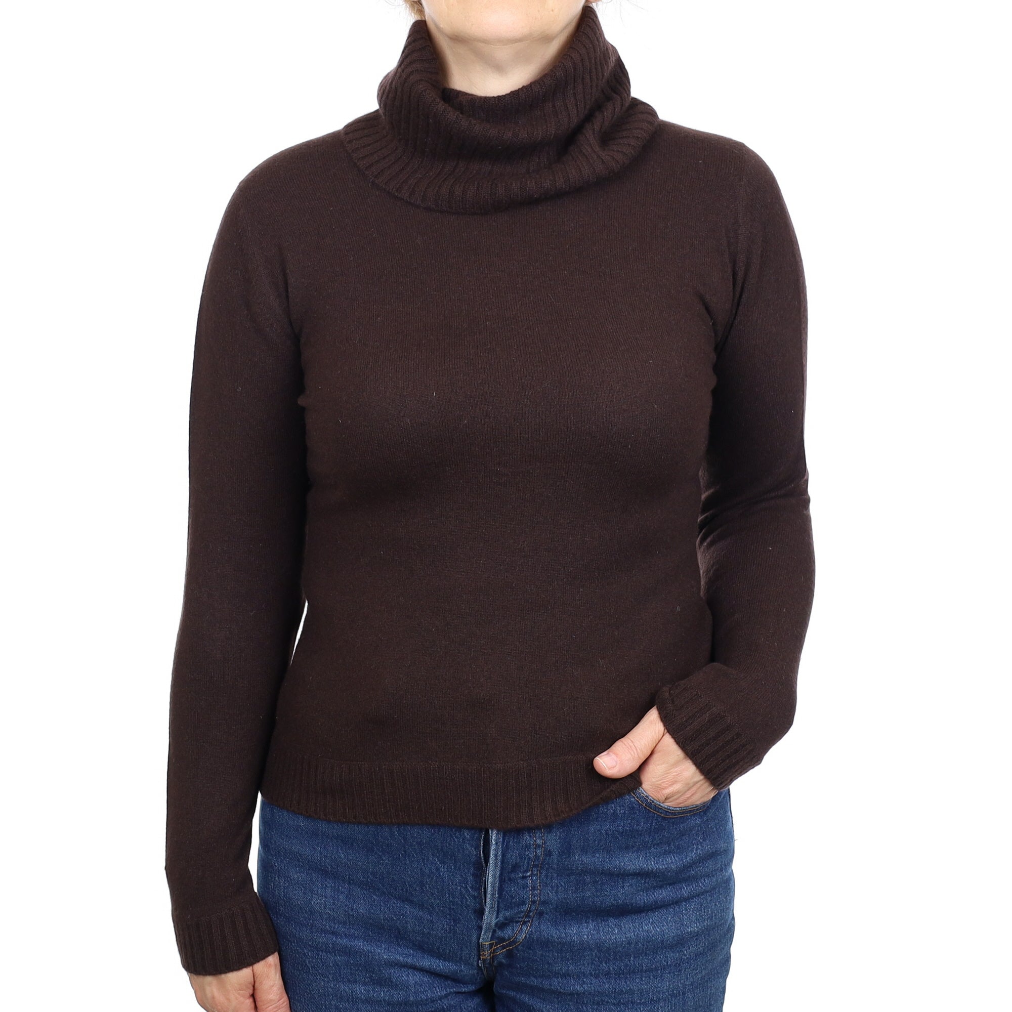 Dark Chocolate Brown Cashmere Polo Neck Jumper Medium