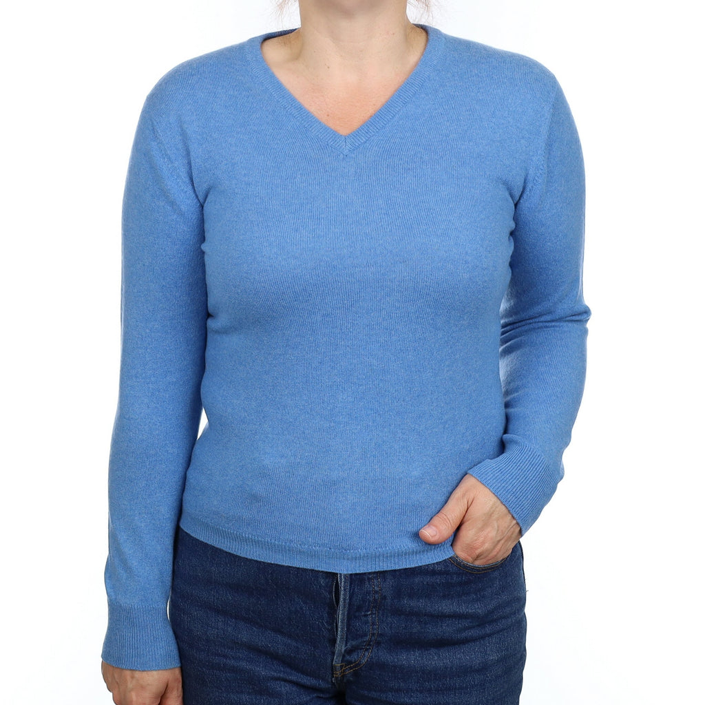 Mediterranean Blue Cashmere V Neck Jumper Medium