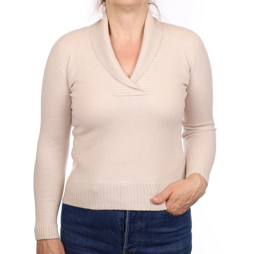 Oatmeal Cashmere Shawl Collar V Neck Jumper Medium