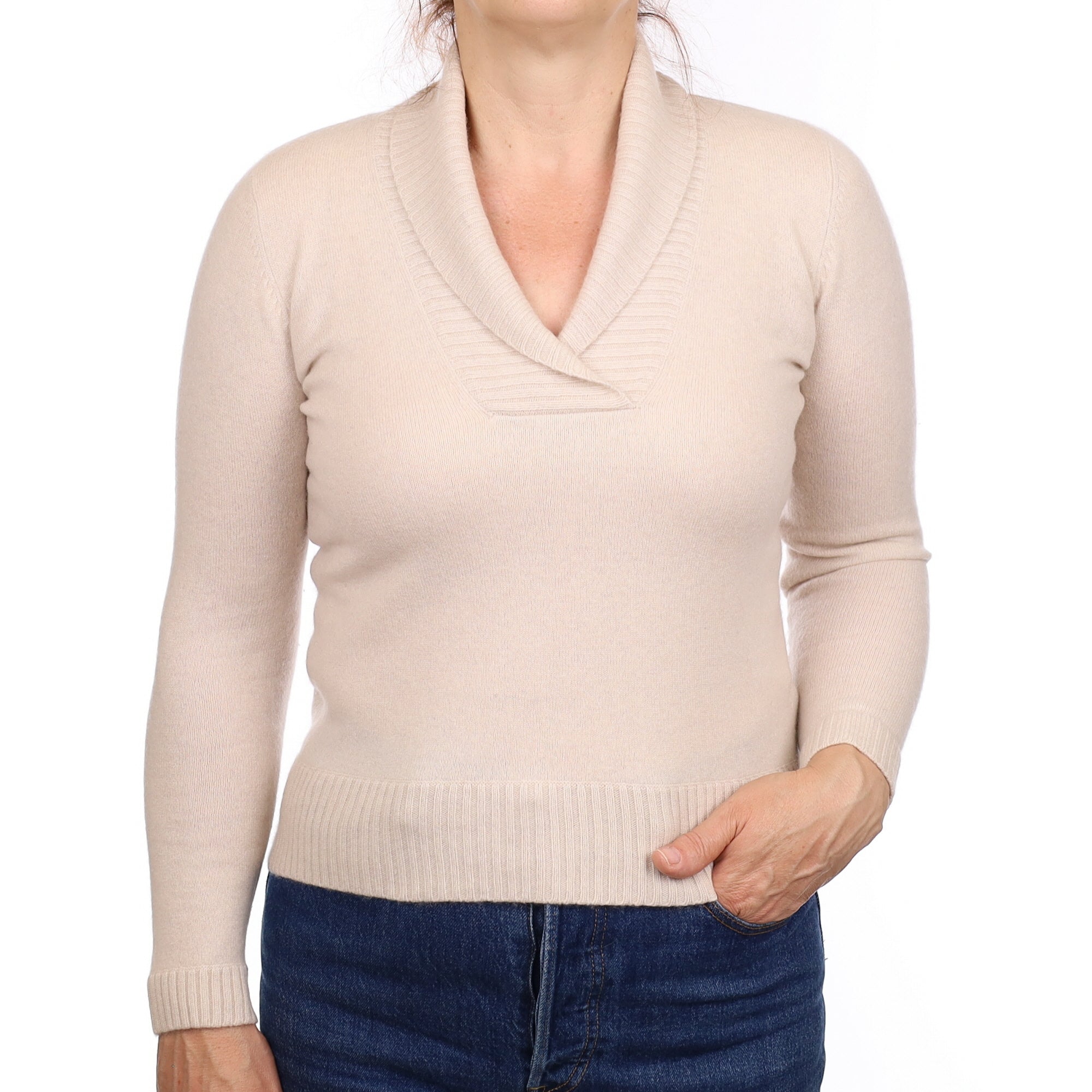 Oatmeal Cashmere Shawl Collar V Neck Jumper Medium