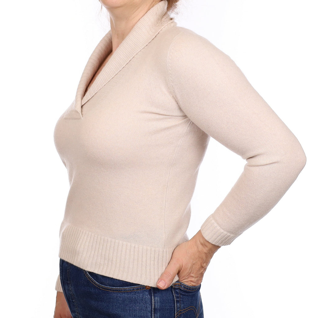 Oatmeal Cashmere Shawl Collar V Neck Jumper Medium