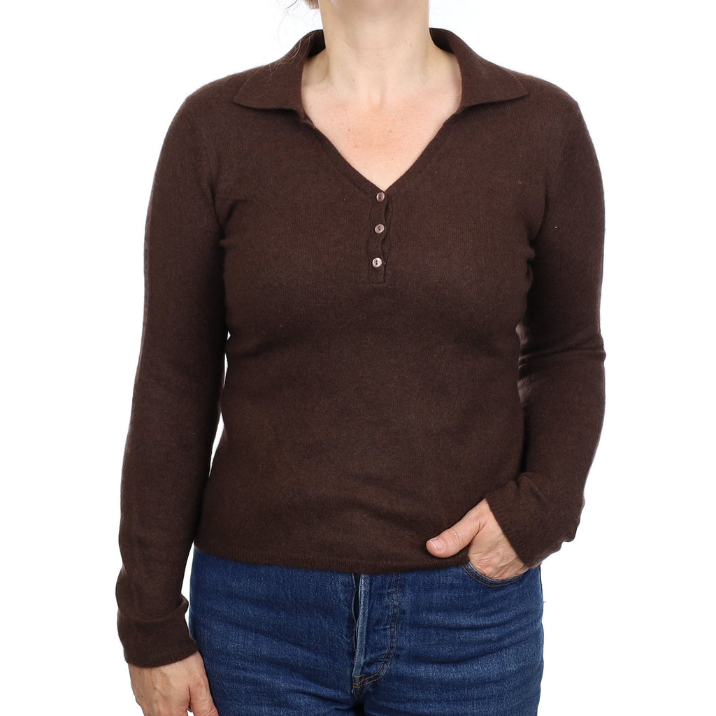 Chocolate Brown Cashmere Collared V Neck Jumper Medium