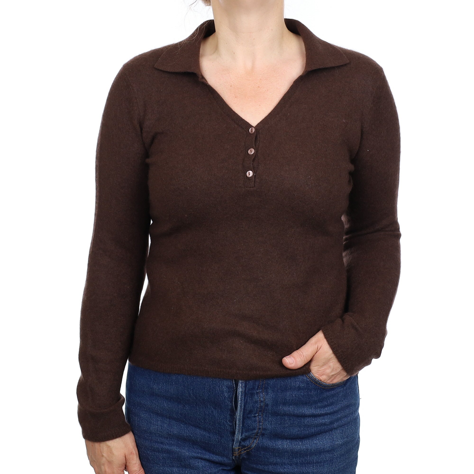 Chocolate Brown Cashmere Collared V Neck Jumper Medium