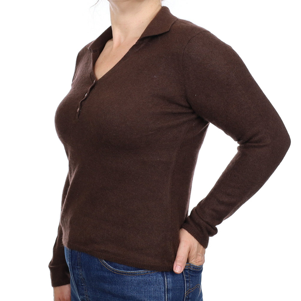 Chocolate Brown Cashmere Collared V Neck Jumper Medium