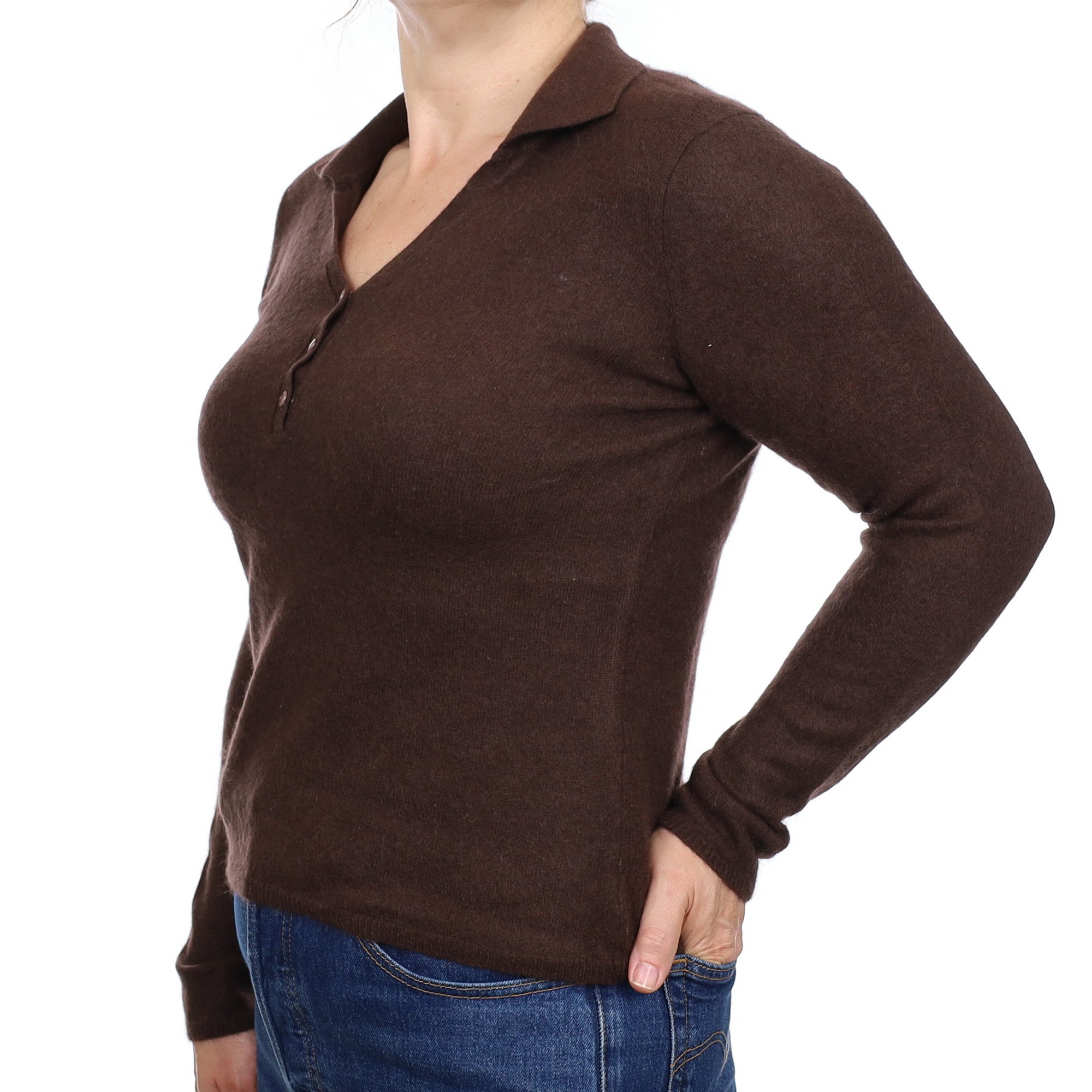 Chocolate Brown Cashmere Collared V Neck Jumper Medium
